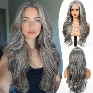 HAIRCUBE 13x4 HD Lace Front Synthetic Wig for Women 26 Inch Salt Papper Color,Heat Resistant Long Wave Layered, Glueless Lace Front Wigs