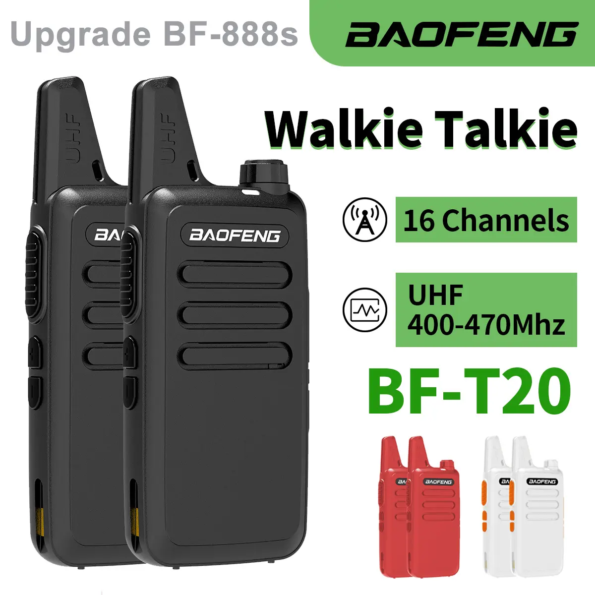 2PCS BAOFENG T20 Long Range Mini Walkie Talkie Type-C Charging Rechargeable Lightweight 16CH UHF 400-470MHz Upgrade 888s with Earphone Handheld Two Way Radio for Kids Adults Outdoor Sports Hunting Hiking Office Children's Day Gift
