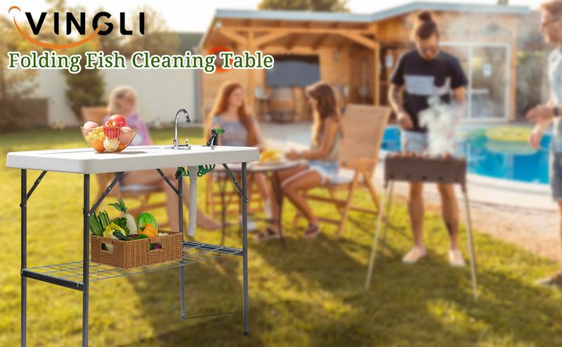 VINGLI Outdoor Folding Fish and Game Cleaning Table w/Sink| Portable & Durable, Standard Garden Connection, Upgraded Drainage Hose, Stainless Steel