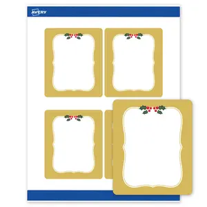 Avery Printable Rectangle Labels, 4" x 3-1/3", Matte White, Pre-printed Metallic Gold Frame/Holly Berries Design, Sure Feed Technology, Laser & Inkjet Compatible, 80 Total