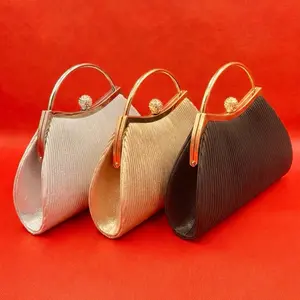 Elegant Pleated Satin Evening Clutch Bag with Rhinestone Clasp & Metal Ring Handle