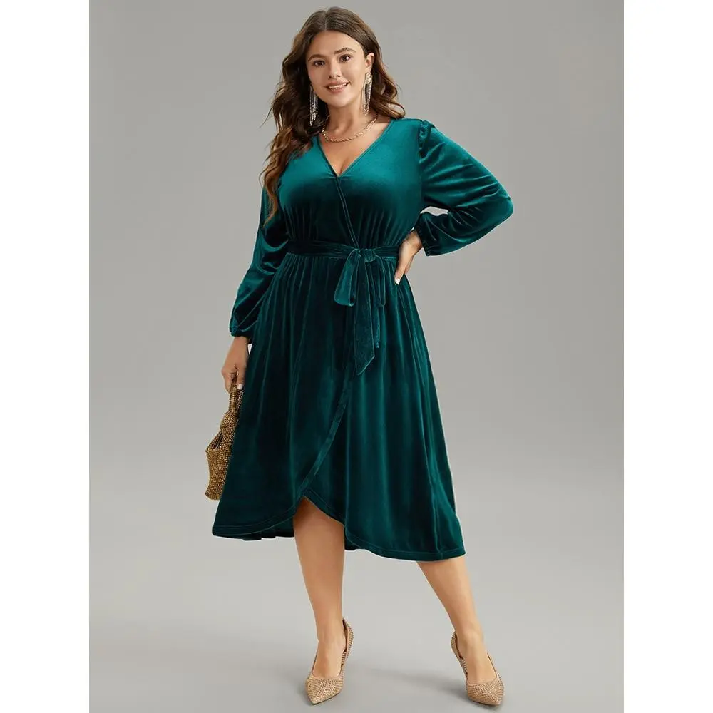 BloomChic Women's Plain Midi Garment, Wrap Style with Lantern Sleeves and Elastic Waist, Low Iron Spandex Fabric with Arc Hem, Pocket, Wrap Dress, Lady, Polyester, Basic, Casual, Belted, Machine Washable