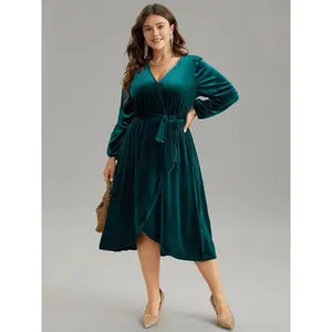 BloomChic Women's Casual Solid Velvet Belted Wrap Arc Hem Dress - Polyester-Spandex, Long Sleeve, Elastic, 2026 Summer Vibes, Swimweek Spotlight Deals