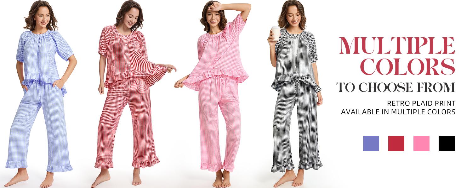 Arssm Women’s Gingham Pajama Set – 2-Piece Plaid Cotton Button-Down Top & Pants with Ruffle for Cozy Sleepwear & Lounge Set