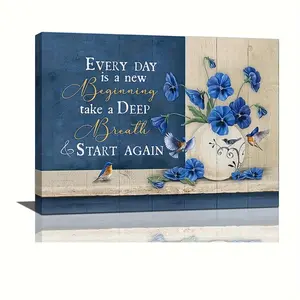 1pc Rustic Modern Art Deco Floral Canvas Art Print, Wooden Framed Blue Flower & Birds Motivational Wall Art, Inspirational Landscape Poster for Home Office, Living Room, Bedroom, Bathroom Decor, 11.8inx15.7inch	