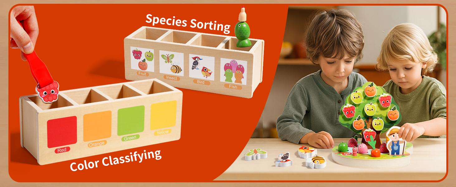 INIFEIDALA Wooden Montessori Educational Toys for 3-5 Year Olds, Shape Sorter with Carrot Harvest & Magnetic Fishing Games, Fine Motor Skills Development Birthday Gifts for Boys & Girls
