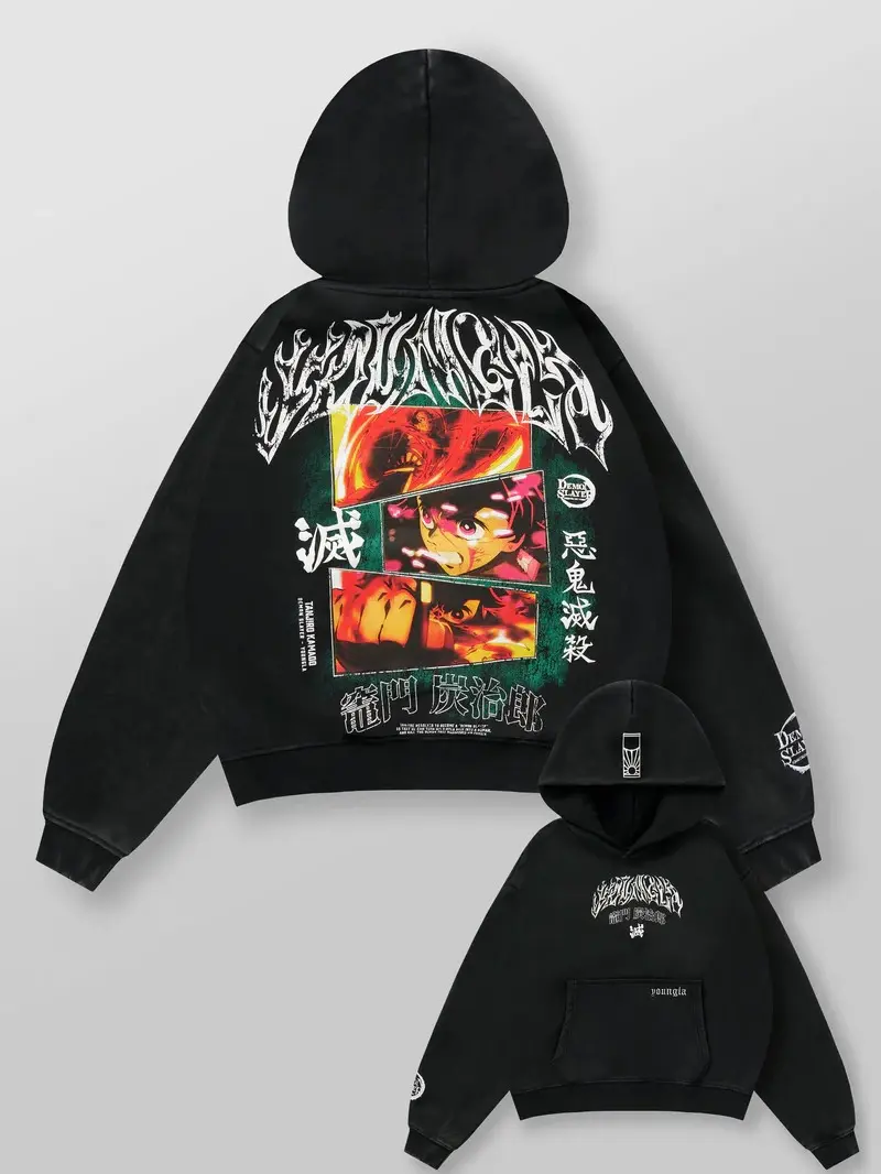 Youngla Demon Slayer Kimetsu no Yaiba Hoodie – Japanese Anime Manga Graphic Sweatshirt, Vintage Hip Hop Y2K Streetwear Pullover Hooded Top for Men Women, Casual Everyday Fashion, Fall Winter Gift