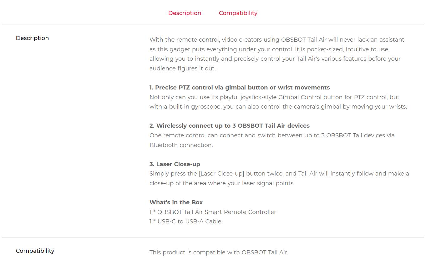 OBSBOT Tail Air Smart Remote Controller, PTZ Control via Gimbal Button or Wrist Movements, Bluetooth Wirelessly Connect up to 3 OBSBOT Tail Air Devices and Control Over Tail Air's Various Features