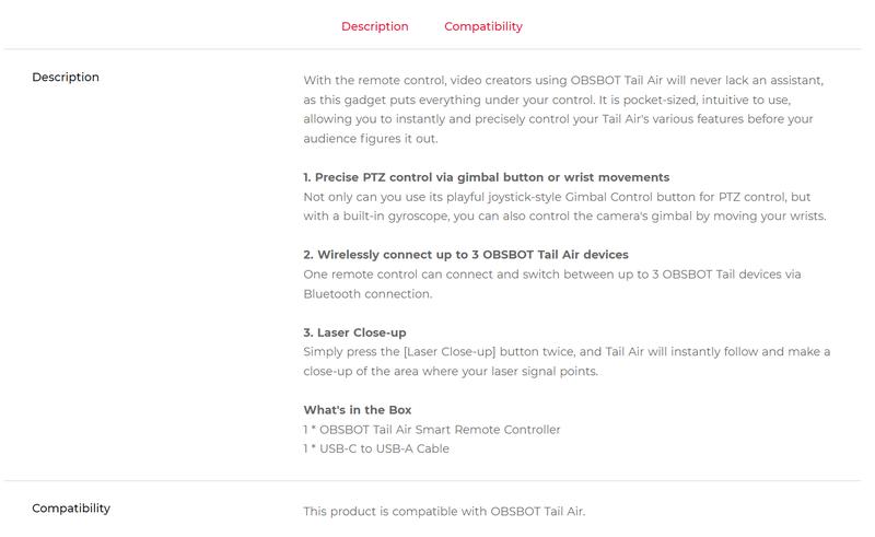 OBSBOT Tail Air Smart Remote Controller, PTZ Control via Gimbal Button or Wrist Movements, Bluetooth Wirelessly Connect up to 3 OBSBOT Tail Air Devices and Control Over Tail Air's Various Features