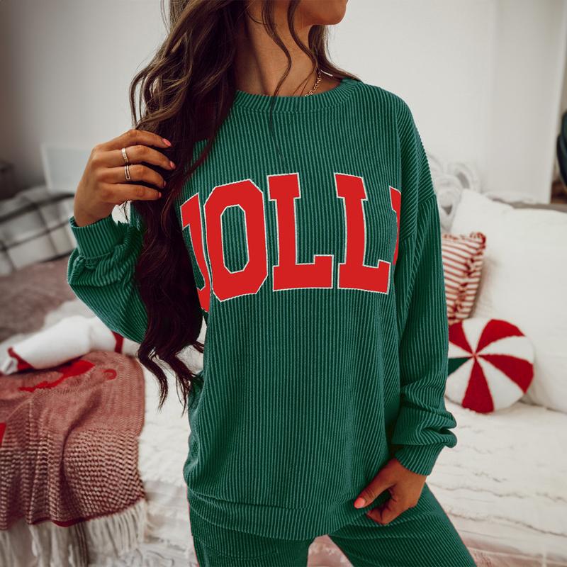 Znacicc Women's Christmas Fiery Red Corduroy Two Piece Outfits "JOLLY" Print Long Sleeve Top & Pants with Pockets Casual Winteroutfit Loungewear