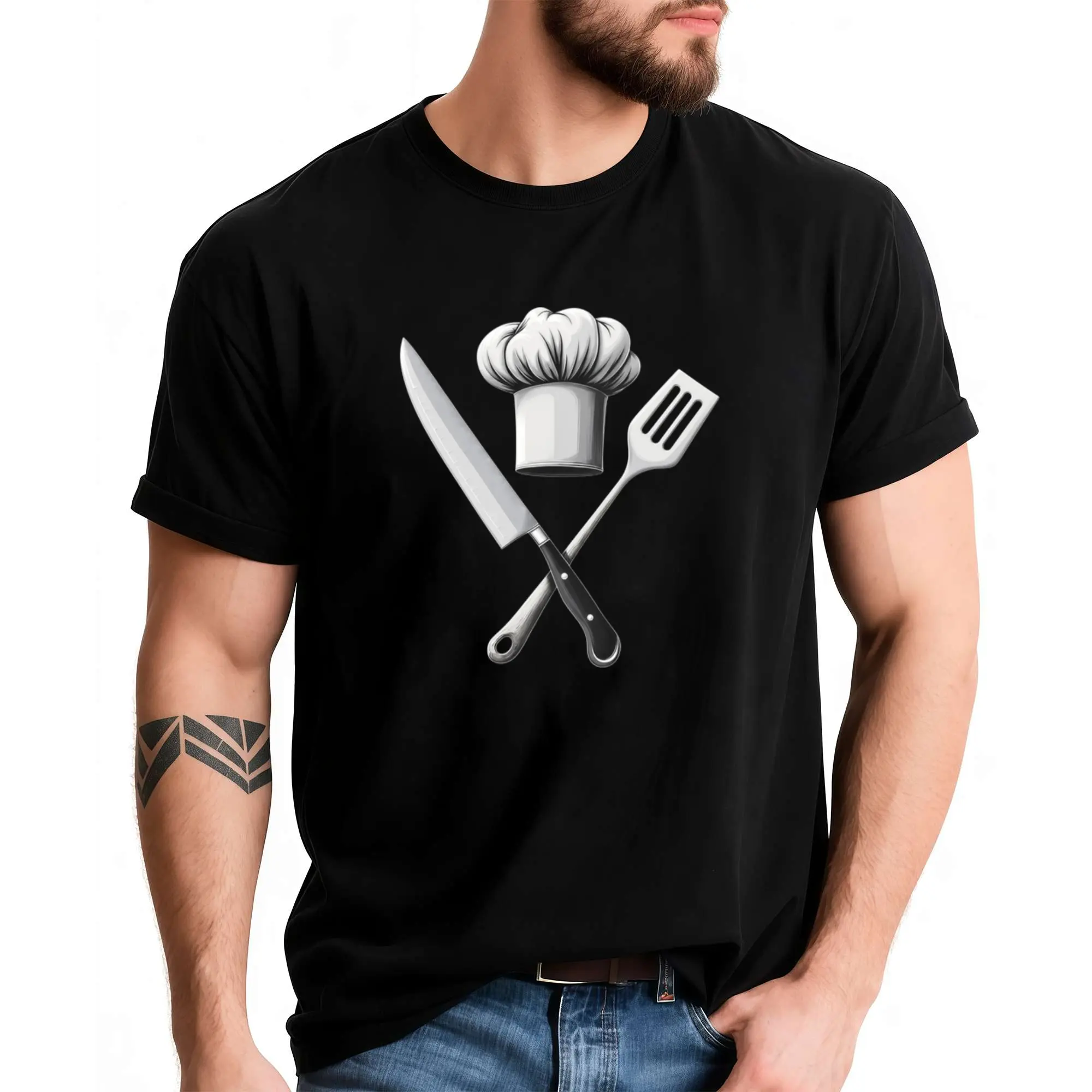 Men's Chef Knife & Spatula Graphic T-Shirt - Loose Fit Short Sleeve Crew Neck Tee Suitable for Cooking Enthusiasts, Machine Washable Casual Gift for Chefs, Outdoor & Daily Wear