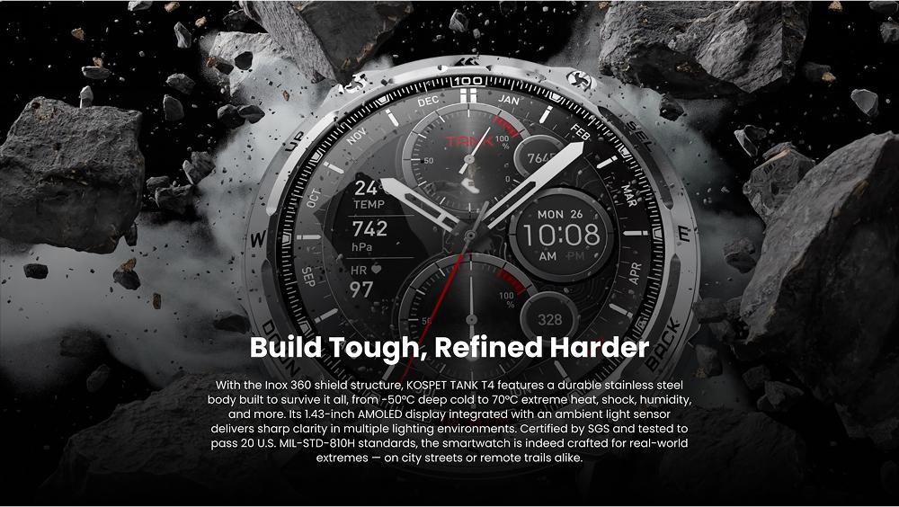 KOSPET TANK T4 Smartwatch with 14-Day Battery Life 1.43AMOLED Display 50M Waterproof Full-Metal Body AI Assistant for Android iOS Fitness Tracker Running Watch GPS Waterproof Smartwatch Wearable Monitor Auto, Durable Stainless Steel, New Year Pick