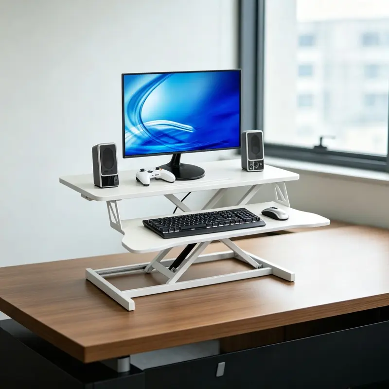 Adjustable Height Standing Desk with Rectangular Top - Ergonomic Sit-to-Stand Laptop Workstation, Pull-Out Tray Home Office Desktop Converter, White, Minimalist Decluttering, Easy Setup, Portable, for Home Workers & Game Lovers, Improves Efficiency, Assem