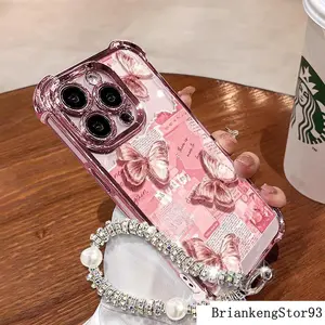 Newspaper Butterfly Pattern Women's Phone Case for iPhone 11/12/13/14/15/16/17 Pro Max,14/15/16 Plus,X,&XS Max. Features a pink chrome alloy frame, high-definition transparent material, reinforced corner protection, and full-body drop-resistant desig..R93