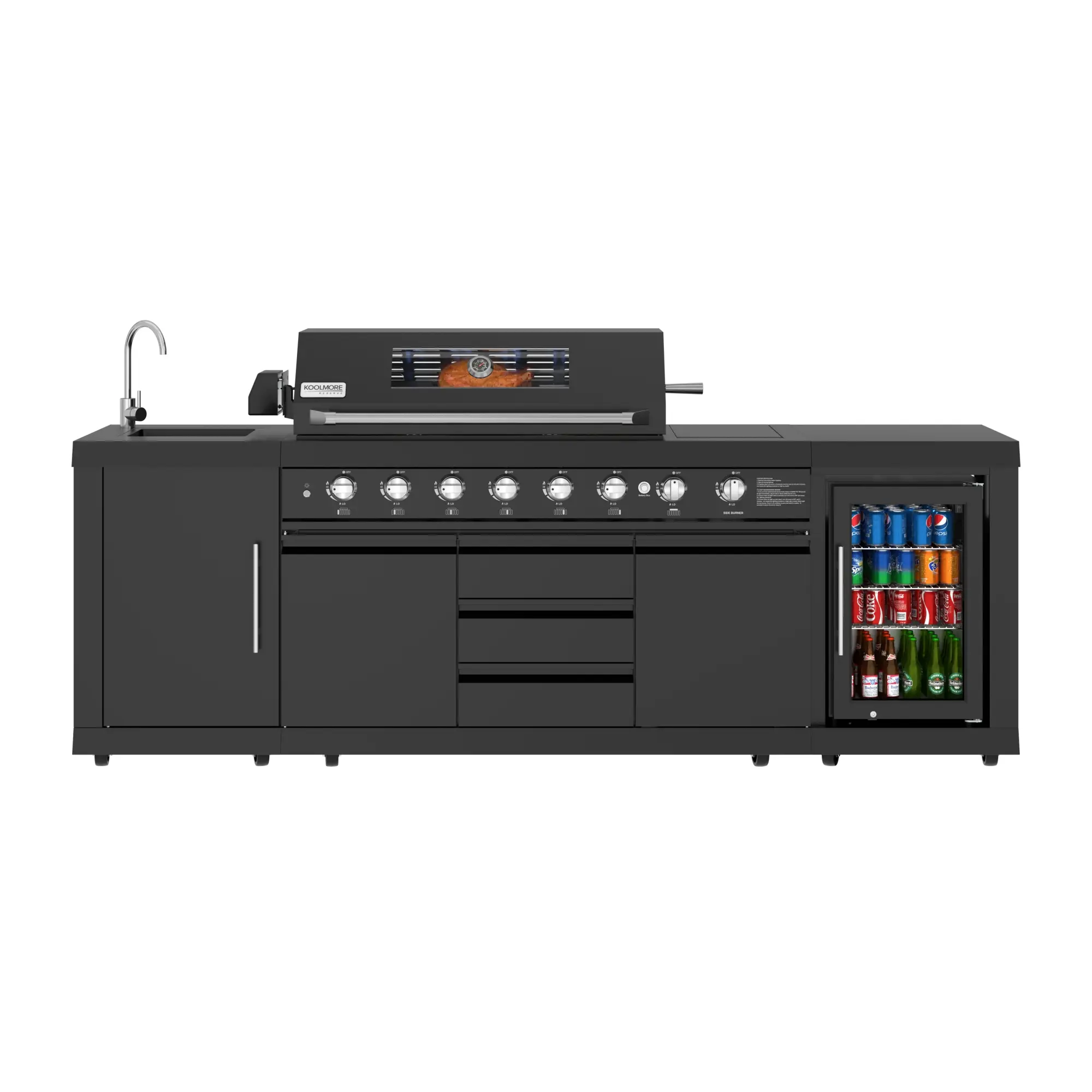 KoolMore Reserve CSA Listed Gas Powered Stainless Steel Adjustable Waterproof Outdoor Kitchen Island - 6 Burners, Sink, Storage Cabinet, Beverage Refrigerator, LED Lighting, Glass Window, Large Unit