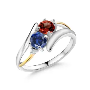 1.17 Cttw Red Garnet Blue Created Sapphire and Lab Grown Diamond 2-Stone Crossover Ring For Women | 925 Silver and 10K Yellow Gold | Wedding Engagement Anniversary Ring