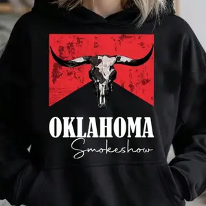Women's Boho Bull Skull Cow Oklahoma Smokeshow Graphic Hoodie - Cotton Blend Black Long Sleeve Pullover Regular Fit |   Soft & Breathable Fabric