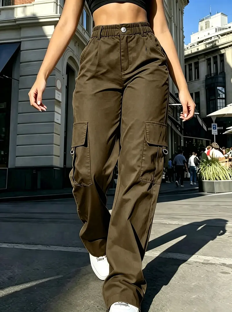 Women's high-waisted straight-leg cotton cargo pants