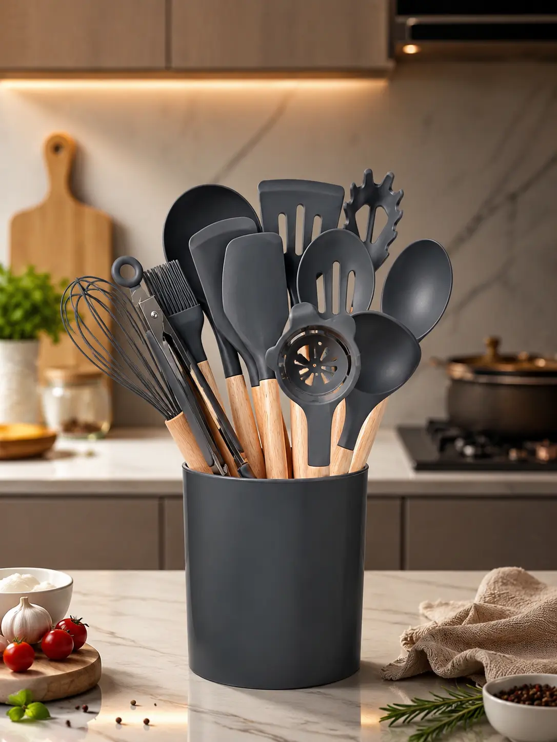 Silicone Cooking Utensils Set with Wooden Handles & Holder, Nonstick Kitchen Tool Set, Spatula Ladle Whisk Tongs, Kitchen Essentials for New Home & Housewarming Gift