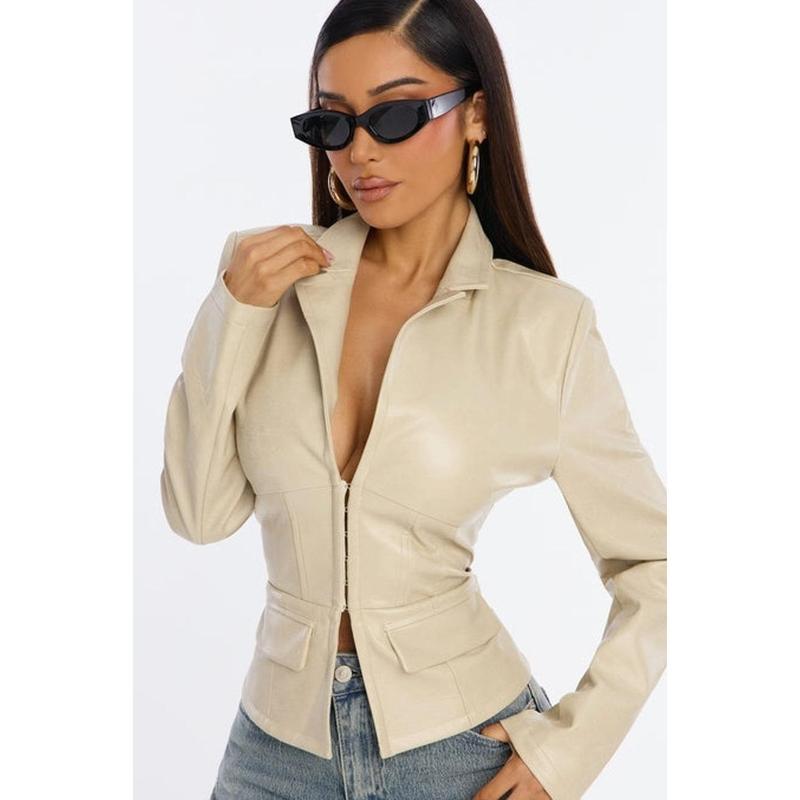 Pretty In Power Fitted Faux Leather Jacket - Stone Y
