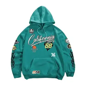 Men's California Glory Pattern Hoodie - Teal Long Sleeve Pullover with Drawstring Hood Casual Menswear Polyester Sweatshirts