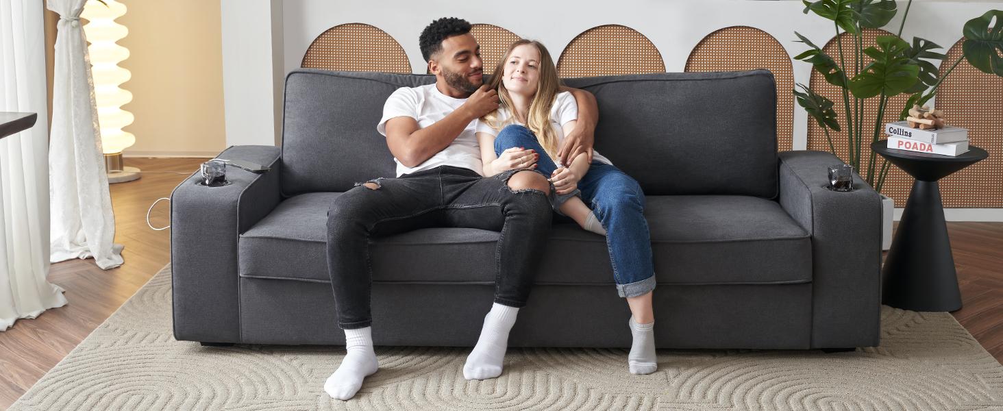 AMERLIFE Sofa, Modern Sofa Couch with USB Charging Ports & Cup Holders, Comfy Sofa- Deep Seat Couch for Living Room
