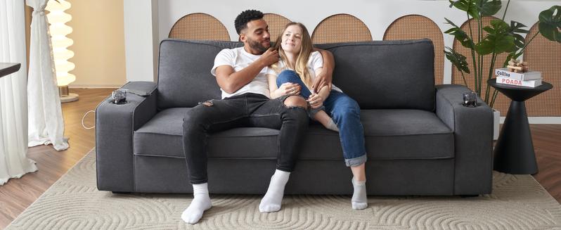 AMERLIFE Sofa, Modern Sofa Couch with USB Charging Ports & Cup Holders, Comfy Sofa- Deep Seat Couch for Living Room