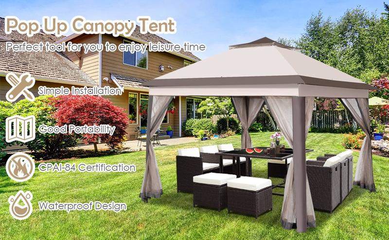COSTWAY 11x11 Ft Pop up Gazebo, 2-Tier Patio Gazebo with Netting, Carry Bag, Easy Set up Outdoor Gazebo with 121 Square Feet of Shade for Backyard, Deck, Poolside