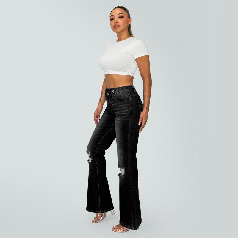 Valerie CANANA Super Stretchy High Rise Crossover Tapered Ripped Bootcut Jeans for Women SH25F15 Womenswear Comfortable Denim Bell Bottom Outfit Tummy Control Flare Leg Regular Size Plus Size