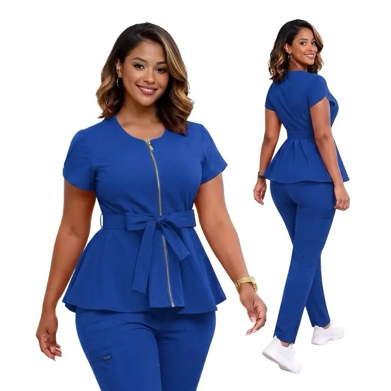 Belted ruffle-top & Skinny Scrub Pants. Comfortable Elegant Short Sleeve Workwear