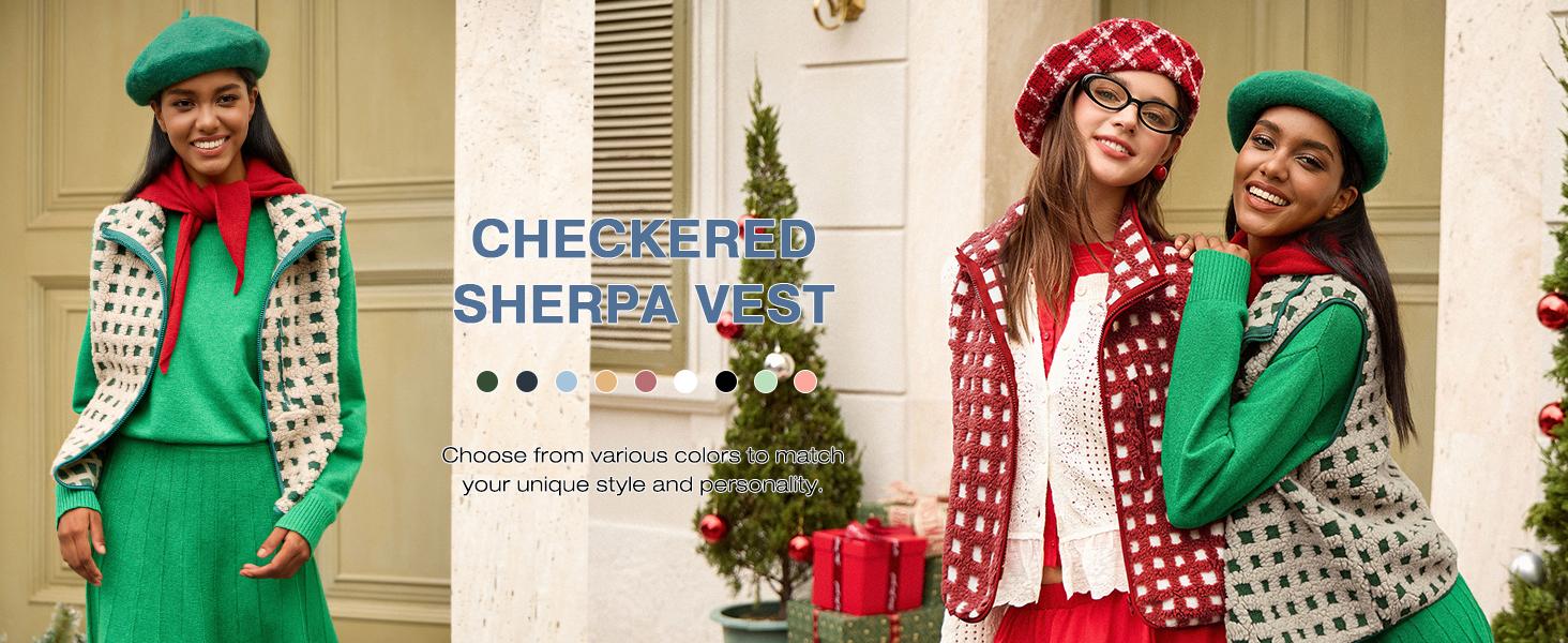 Mundoven Womens Checkered Sherpa Vest Fleece Fuzzy Zip Up Sleeveless Jacket Casual 2025 Winter Warm Outwear