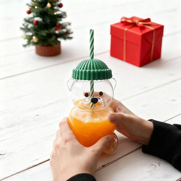 Viral Bearista Cold Cup for 2026 Holiday Collection Nostalgia Cute Bear Cup With Striped Straw 20oz High-Quality Glass Mug for Coffee Beers Wine Cocktail Drinks Teddy Bears Cup With Green Beanie-Style Lid