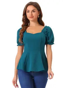 INSPIRE CHIC Peplum Top Elegant Ruffles Puff Sleeve Sweetheart Neck Blouse