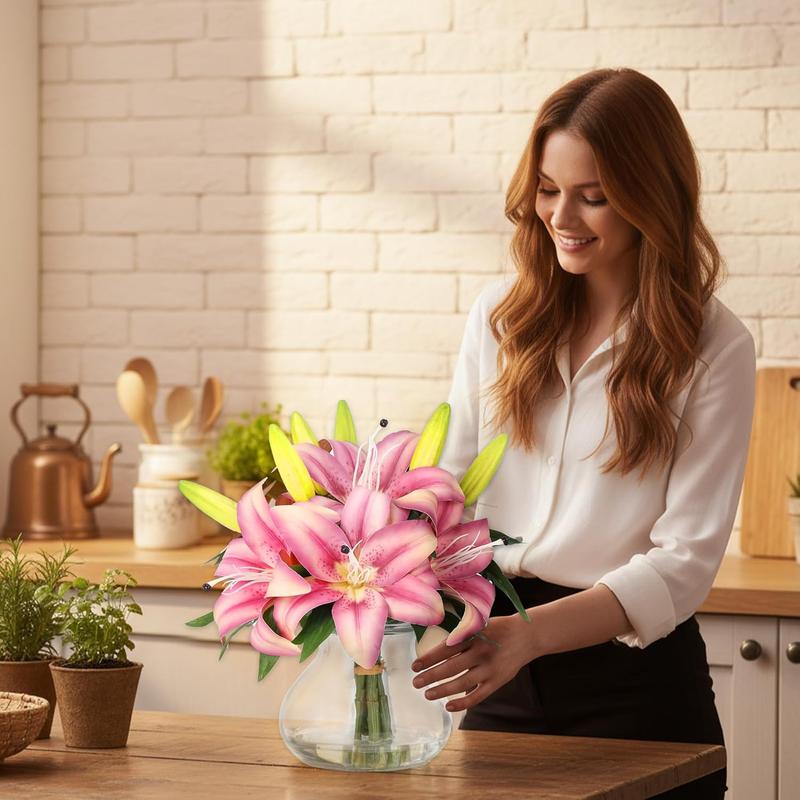 6-Pack Realistic Silk Lilies Artificial Flowers with Glass Vase – Lifelike Faux Lily Bouquet for Home Wedding Office Decor,No Maintenance,Bendable Stems,Ready to Display