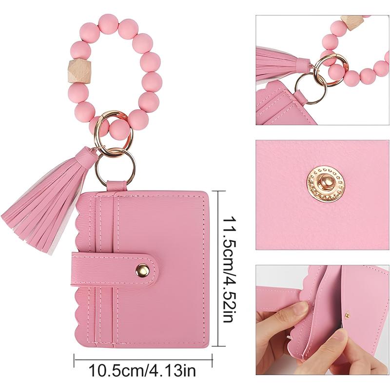 【2026 Womens Gift】Women's Smart Card Wallet，Fashion Beaded Decor Pu Leather Keychain,Card Capacity | ID Window | Cash Slot vintage wallet fashionable small pu leather wallet