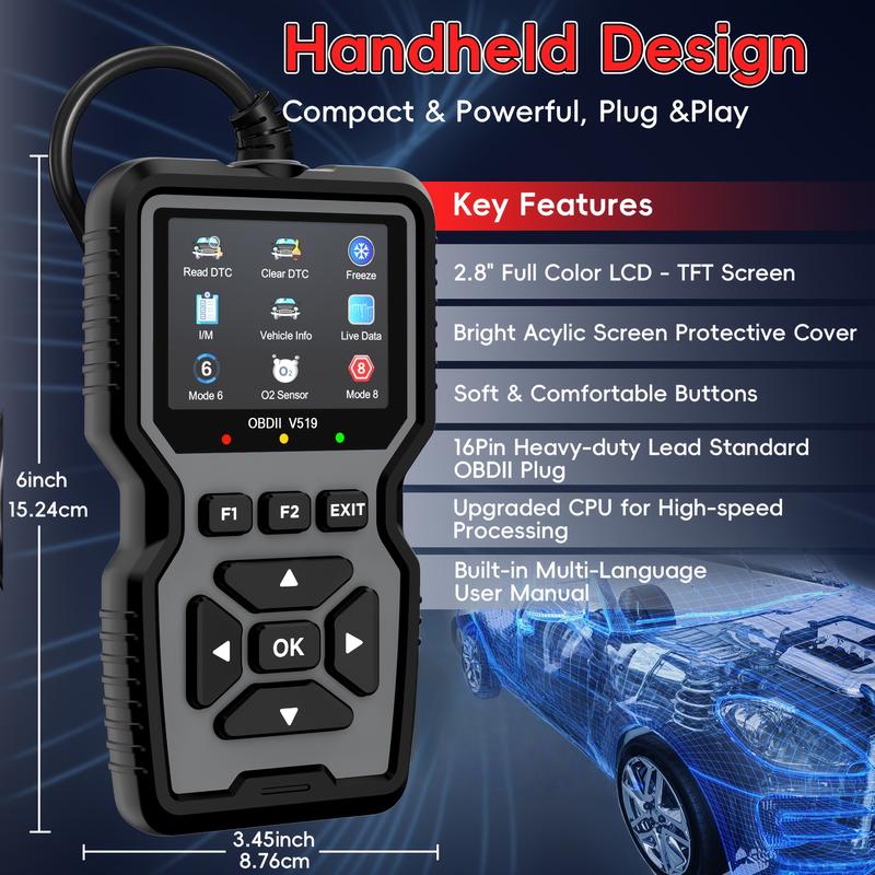 V519  OBD2 Car Scanner – Professional Engine Fault Code Reader with Comprehensive Diagnostic Functions, Reset Feature, I/M Readiness Support, 10 Language Modes, USB-Powered Design – Must-Have for Car Owners & Mechanics