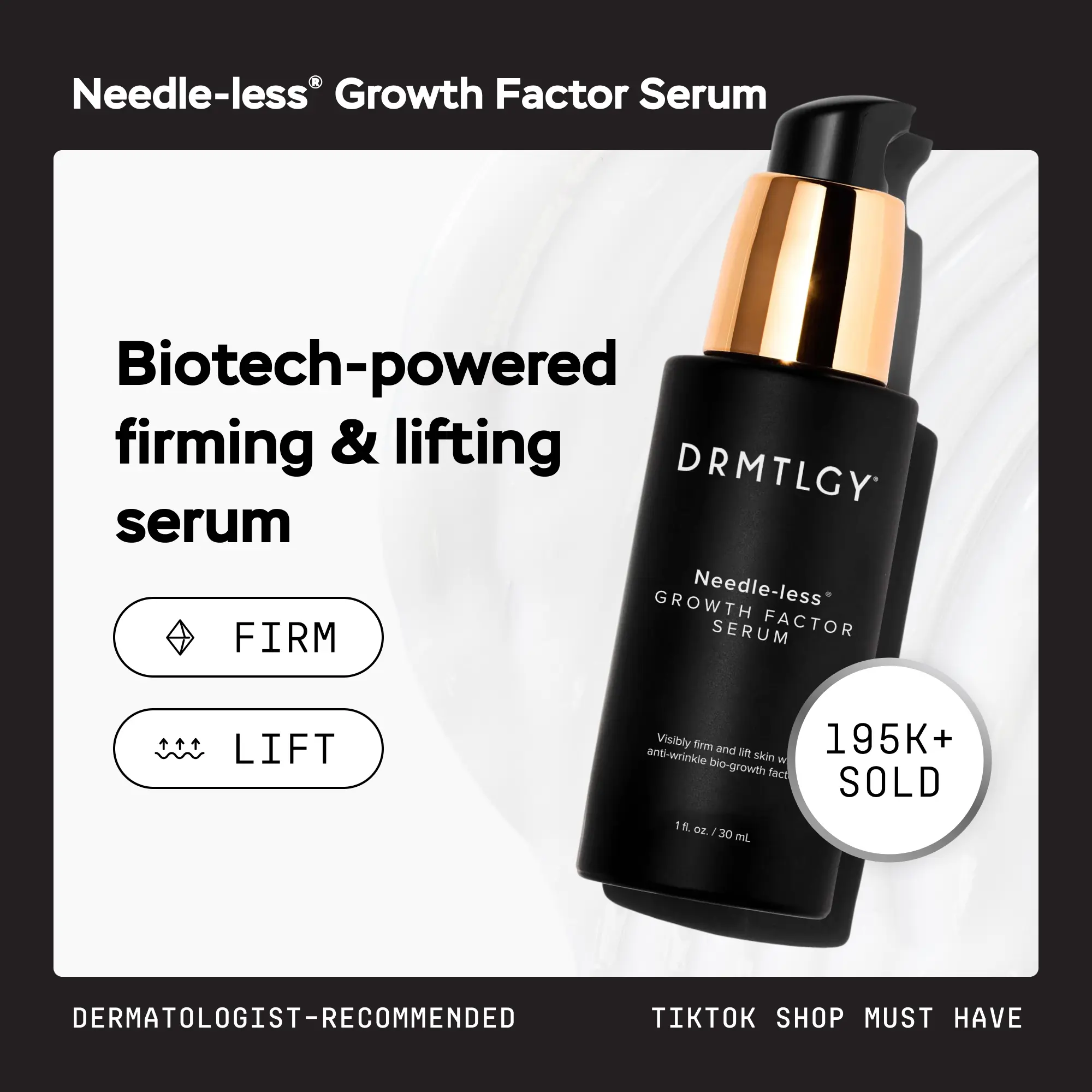 DRMTLGY Needle-less Growth Factor Serum 1 fl oz - Biotech-Powered Serum Lifts and Firms Skin with Peptides, Ceramides, and Hyaluronic Acid