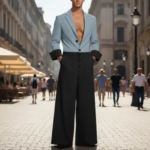 INCERUN Menswear Fashion Formal Colorblock Wide-Leg Jumpsuit - Men's Chic Avant-Garde Overalls, Blazer-Style Outfit for Spring Summer Party