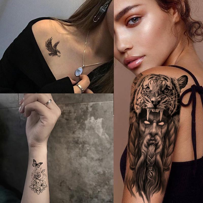 Teens 36 Sheets Large Black Arm Temporary Tattoos For Men Forearm Women Thigh, Half Sleeve Animals Lion Tiger Wolf Temp Tattoo Stickers Adults, Death Skull Compass Flower Fake Tattoos That Look Real Durable Realistic Waterproof Arm Tattoos fake totem