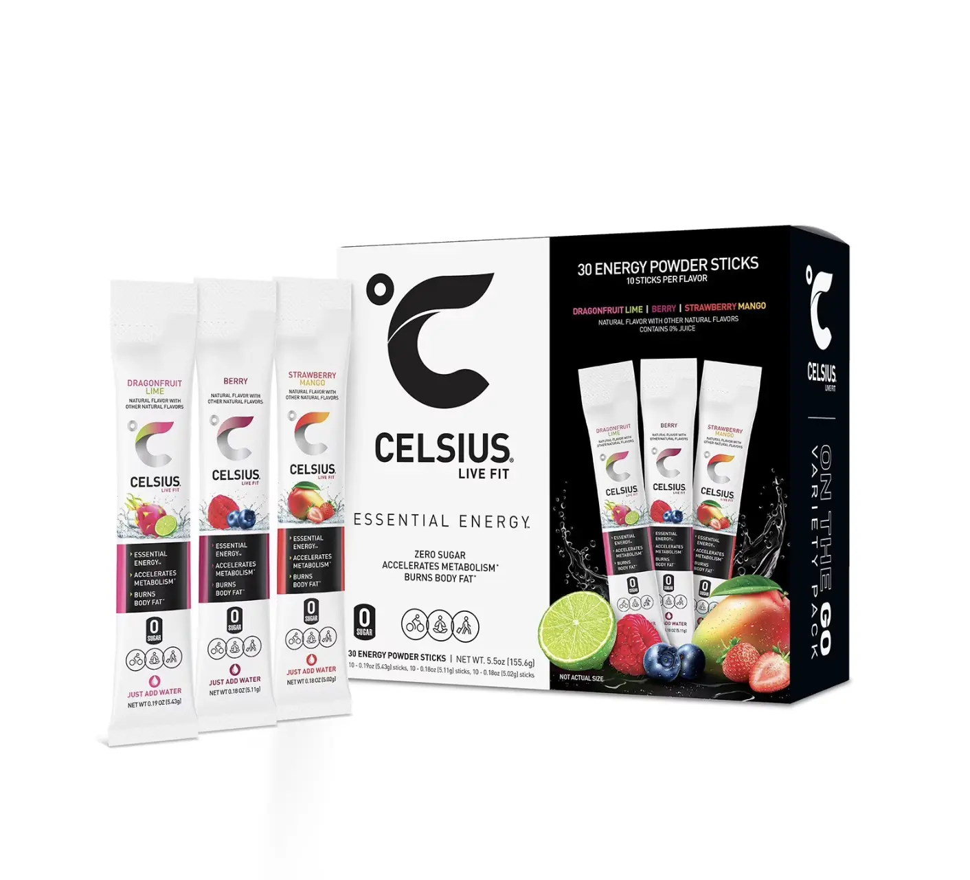 30 pk Celsius On The Go Powder Sticks Variety Pack Essential Energy