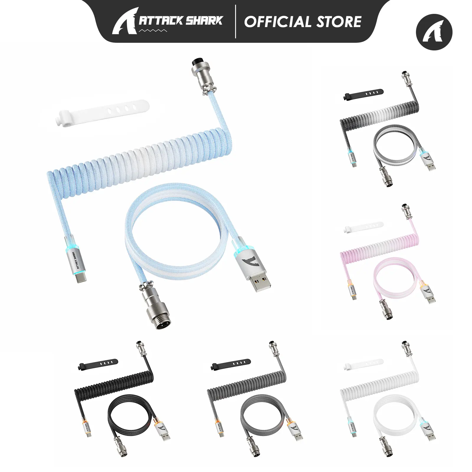 ATTACK SHARK C01ULTIMATE Custom Coiled USB C Cable for Mechanical Gaming Keyboard,RGB Lightning Coiled Keyboard Cable,Professional 8K Type-C to USB A Cable with Detachable Metal Aviator