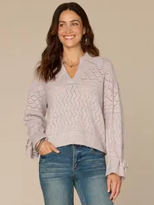 Long Flounce Sleeve V-Neck Collar Placement Pointelle Stitch Sweater