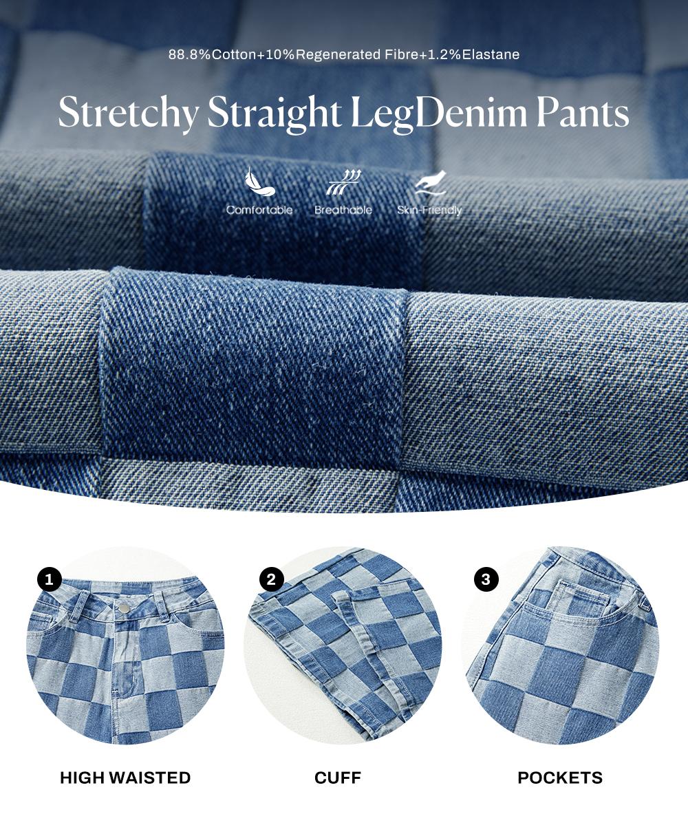 Sidefeel Women's Wide Leg Jeans High Waisted Stretchy Straight Leg Checkered Loose Denim Pants SpringStatements