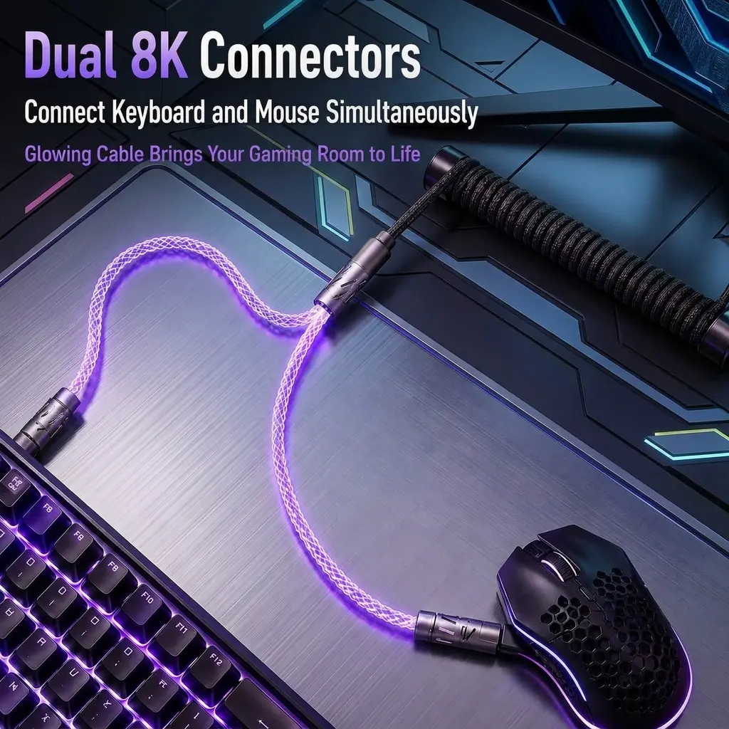 Dual 8K USB-C Coiled Aviator Cable, 1-to-2 Detachable Braided Glowing Cable for Mechanical Keyboard and Gaming Mouse, High-Speed Fast Response Gaming Desk Setup Accessory