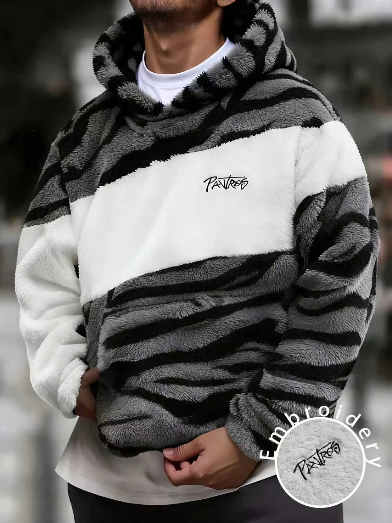 Men's and women's plush hooded sport shirts, soft fabric pullover hoodies, knitted sportswear, autumn and winter clothing, zebra print patchwork pattern, casual street sport hip-hop style, everyday wear, Casual Comfy Sporty, Athletic streetwear, hoodie