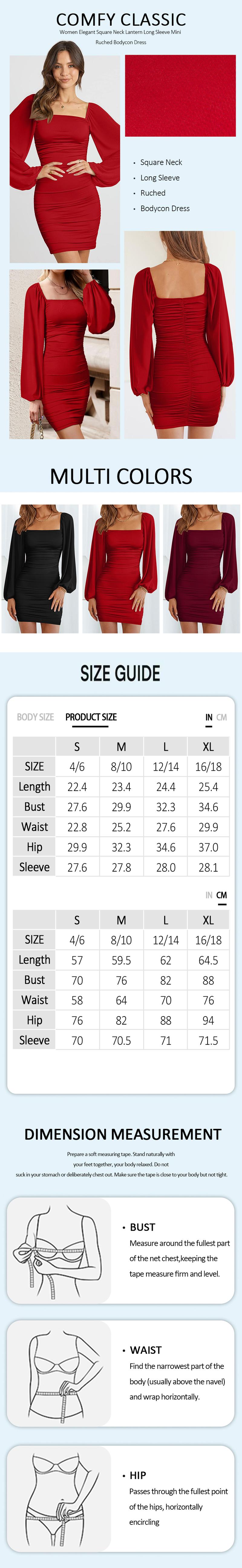 OYV Women Elegant Square Neck Lantern Long Sleeve Mini Ruched Bodycon Dress Stretch Slim Party Cocktail Dresses