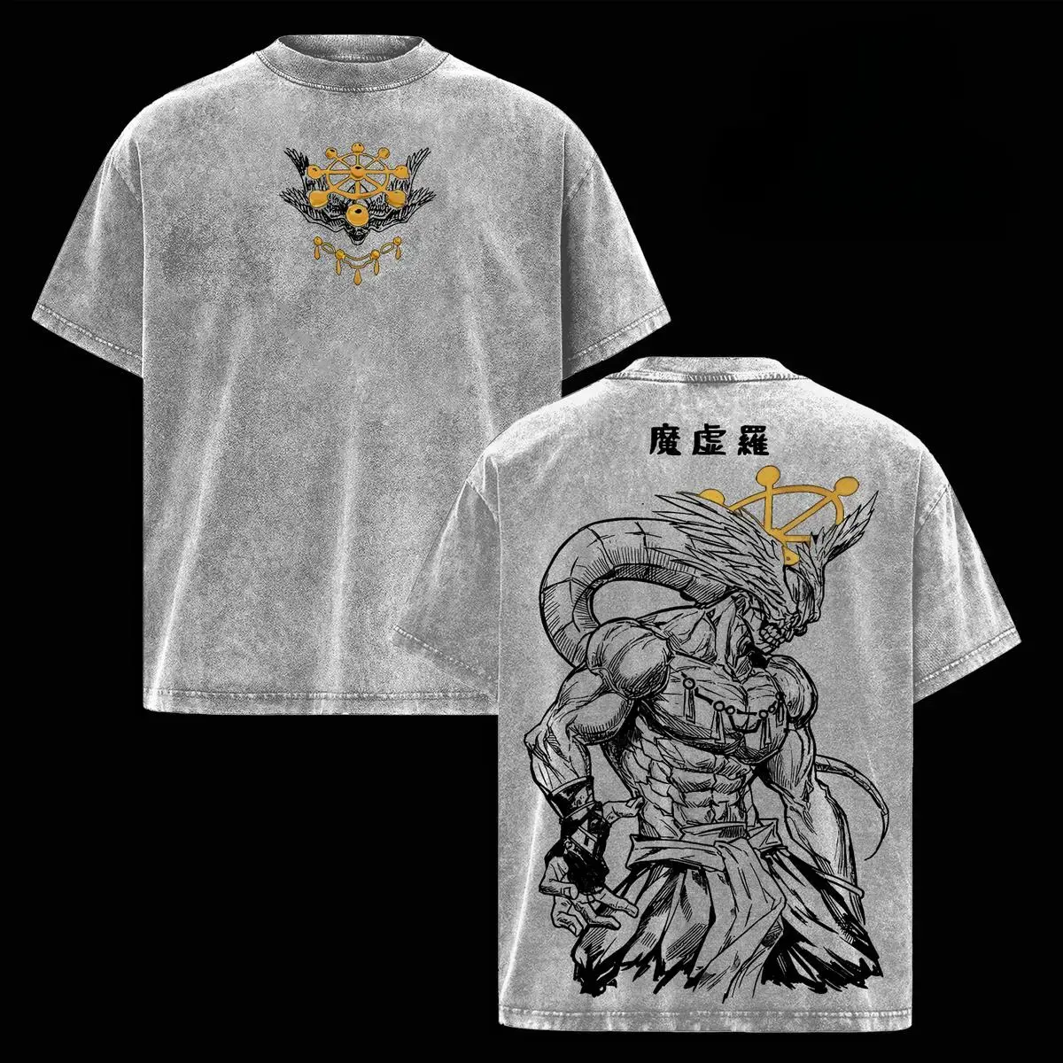 Men's Jujutsu Kaisen Mahoraga Graphic Tee - Vintage Washed Oversized Dark Streetwear, Seamless Ribbed Print Fabric Shortsleeve Soft Cotton Unisex Apparel, Gift for JJK Fans, Top, Tshirt, Pre-Washed