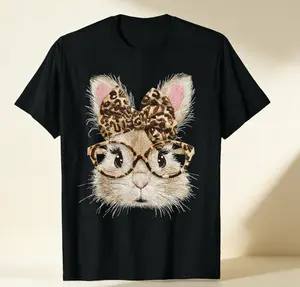 Cute Easter Bunny Leopard Bow Glasses Graphic T Shirt Funny Rabbit Tee