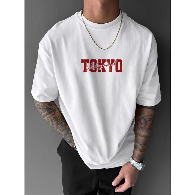Men's Regular Fit Car & Letter Print Round Neck Tee, Street Fashion Casual Short Sleeve T-shirt for Daily Wear, Men's Top for All Seasons, Tropical, Streetwear