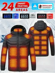 Men's Heated Jacket, Heated Padded Coat, Couple Style, 24 Heating Zones with USB Plug, Electric Heated Padded Coat, Cold Resistant & Warm for Outdoor Sports and Daily Commute, Men's Outerwear, Ideal for Hiking, Skiing, Camping 【Power Bank Not Included】